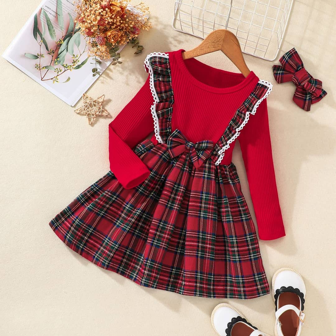 skpabo Toddler Kids Girls Christmas Plaid Dress Princess Dress Square Neck  Bow Tie Long Sleeve A-Line Lace Hem Dress Headband Set 