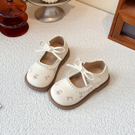 Girls' Faux-Pearl Trimmed Cherry Embroidered Dress Shoes