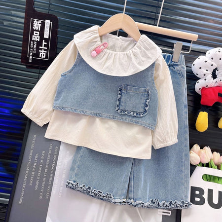 Ruffle Collar Blouse, Denim Vest, and Wide-Leg Pants 3-Piece Set