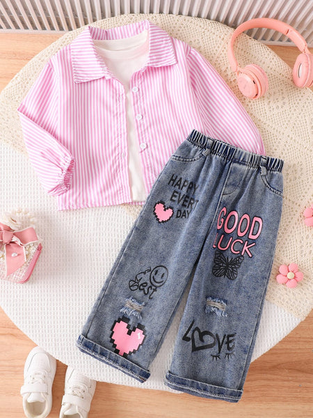 Pink Pixel Striped Shirt & Denim Set