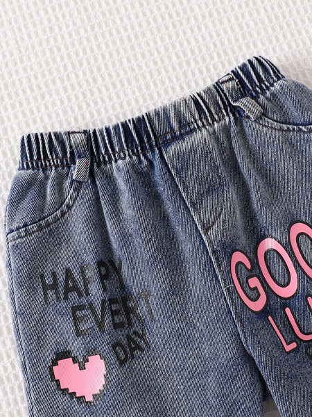 Pink Pixel Striped Shirt & Denim Set
