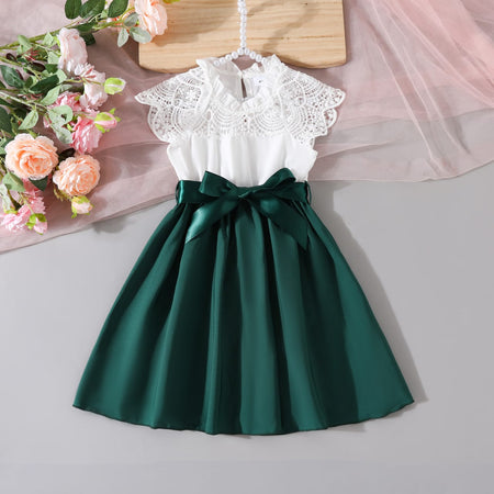 Girls’ Lace Bodice Cap-Sleeve Dress with Satin Bow Accent