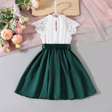 Girls’ Lace Bodice Cap-Sleeve Dress with Satin Bow Accent