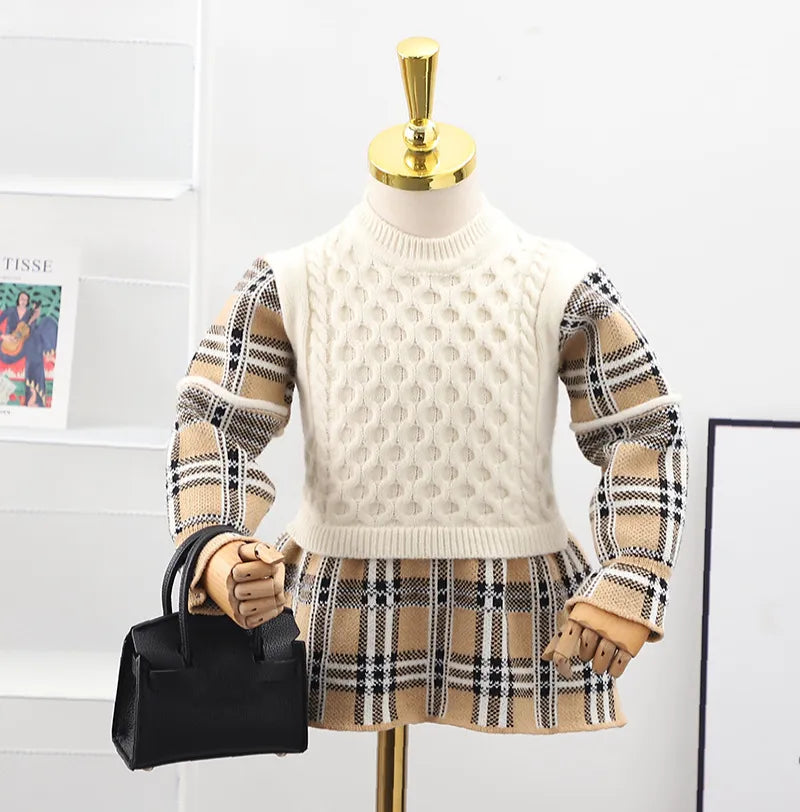 Tartan Knit Pullover Luxury Sweater Dress.