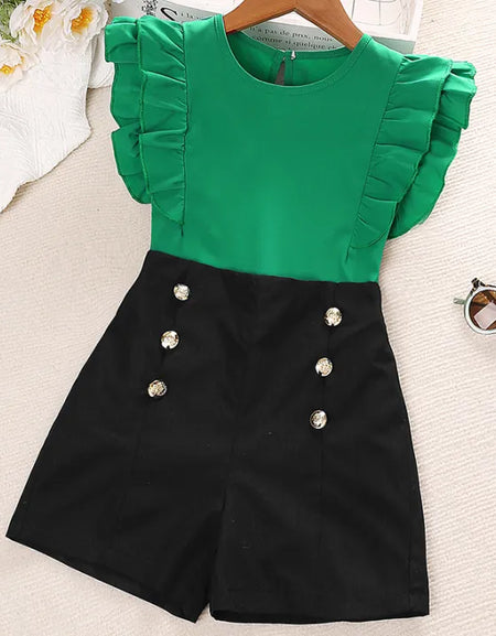 FRILL SLEEVE TOP & BUTTON DETAIL SHORTS SET