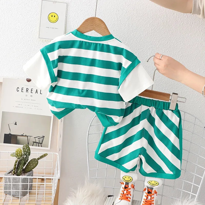 Striped 3pieces Side Bag, T-shirt and Shorts Set