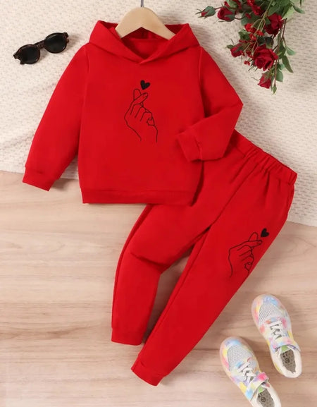Unisex Hooded Finger Heart Print 2piece Tracksuit Set
