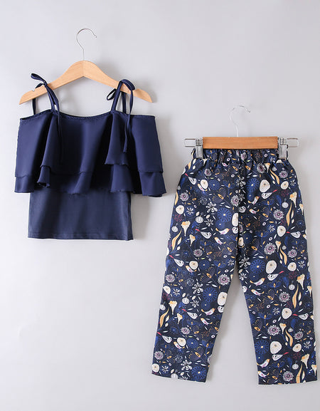 2pieces Layered Top & Flowery Pants Set