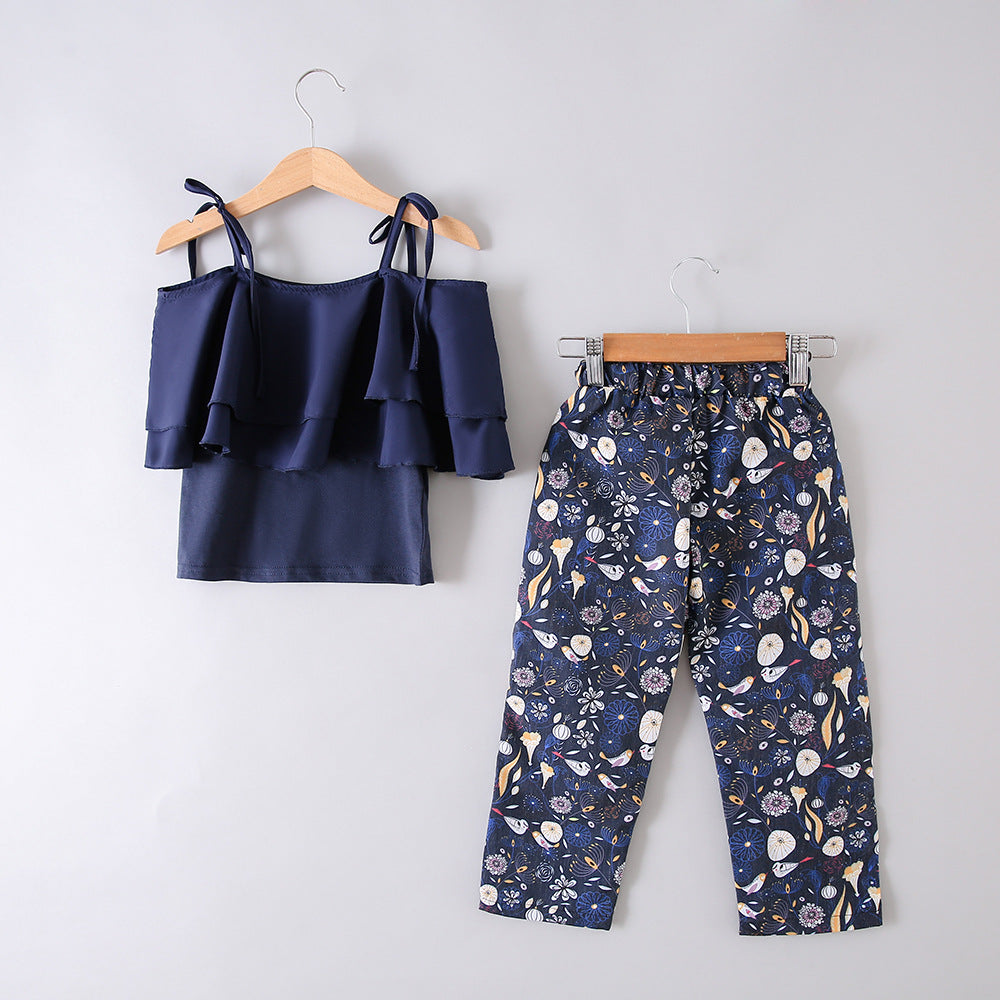 2pieces Layered Top & Flowery Pants Set