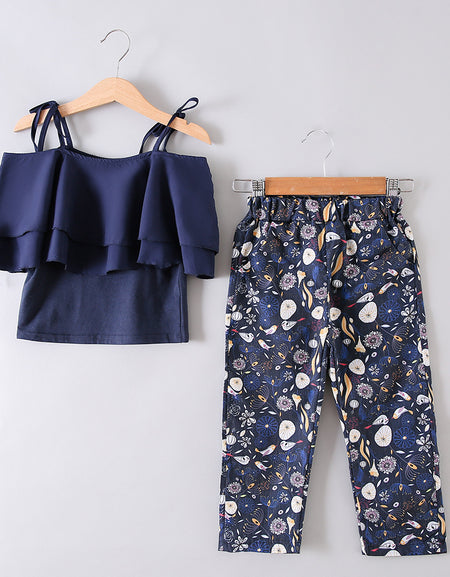 2pieces Layered Top & Flowery Pants Set