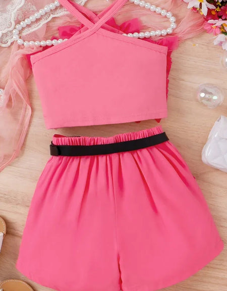 Ruffled Tulle Cami Top and Shorts Set with Belt