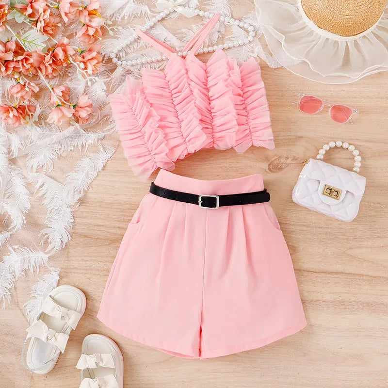 Ruffled Tulle Cami Top and Shorts Set with Belt