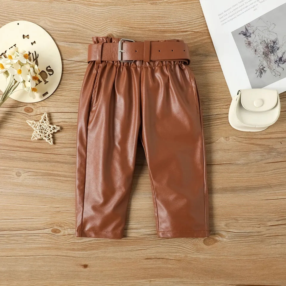 Belted Leather Pants & Puffsleeve Top Set