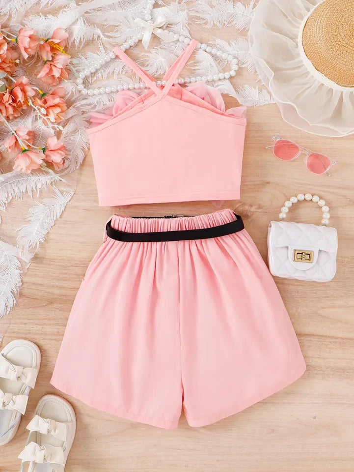 Ruffled Tulle Cami Top and Shorts Set with Belt