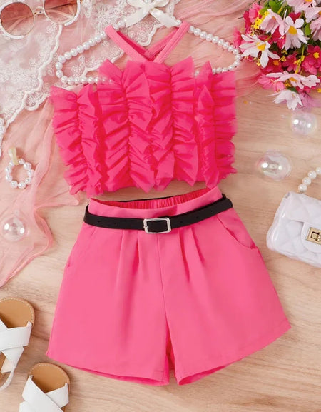 Ruffled Tulle Cami Top and Shorts Set with Belt