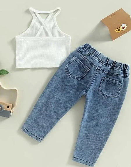 Toddler Girls' Halter Neck Top And Ripped Denim Set.