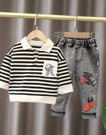 Stylish Striped Polo and Denim Pant Set