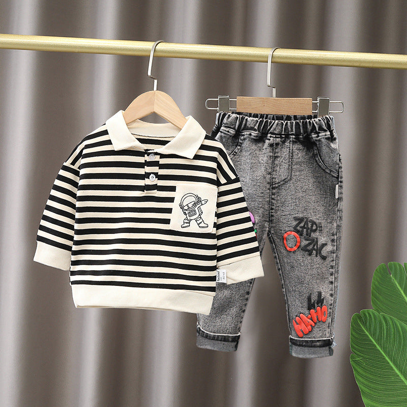 Stylish Striped Polo and Denim Pant Set