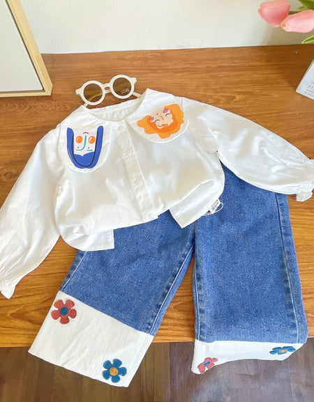Fun Cape Blouse & Flower-Patch Denim Set