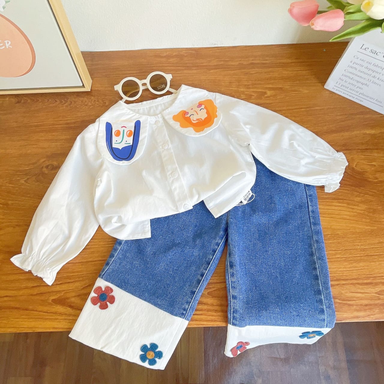 Fun Cape Blouse & Flower-Patch Denim Set