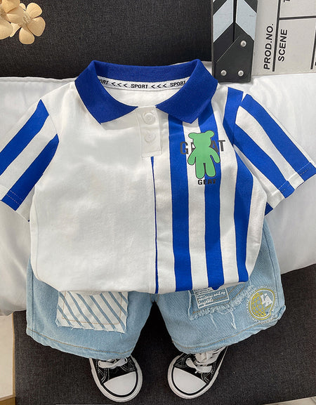 Croc Striped Tee and Patchy Denim Shorts Set