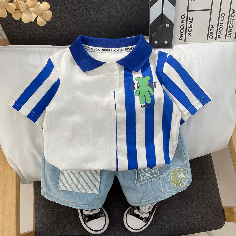 Croc Striped Tee and Patchy Denim Shorts Set