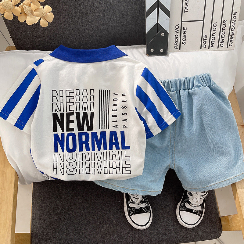 Croc Striped Tee and Patchy Denim Shorts Set