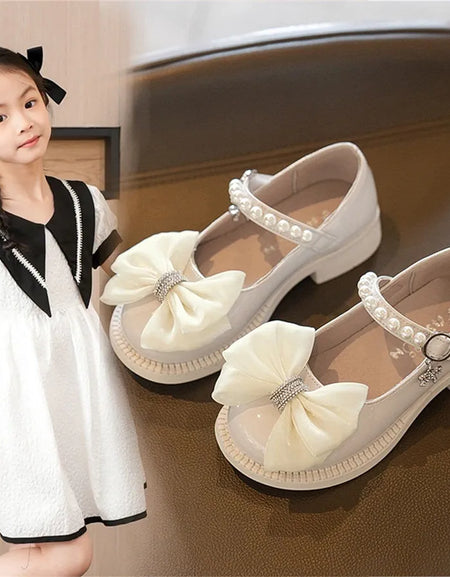 Rhinestone Satin Bowknot Pearl Strap Shoe