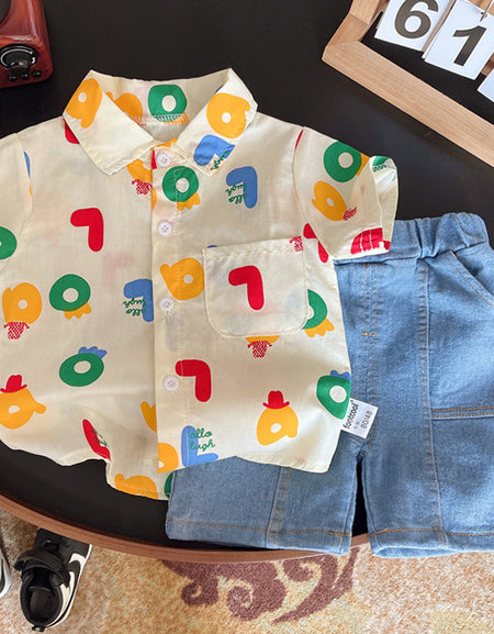 Vibrant Print Shirt and Denim Shorts Duo