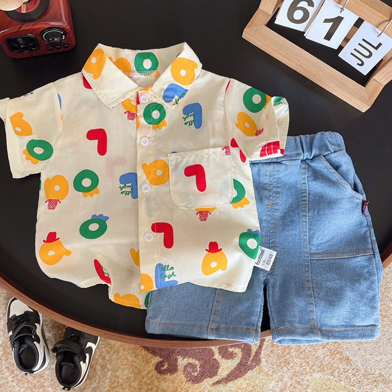 Vibrant Print Shirt and Denim Shorts Duo
