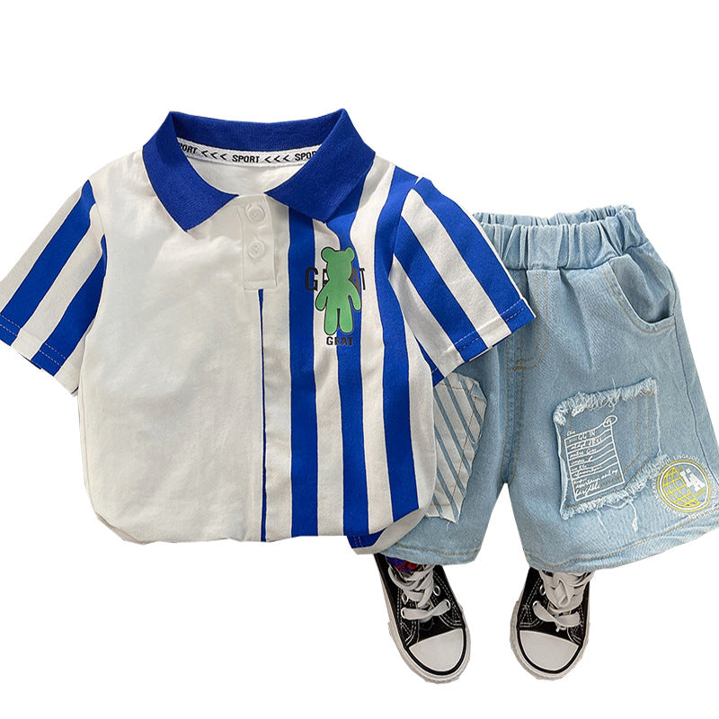 Croc Striped Tee and Patchy Denim Shorts Set