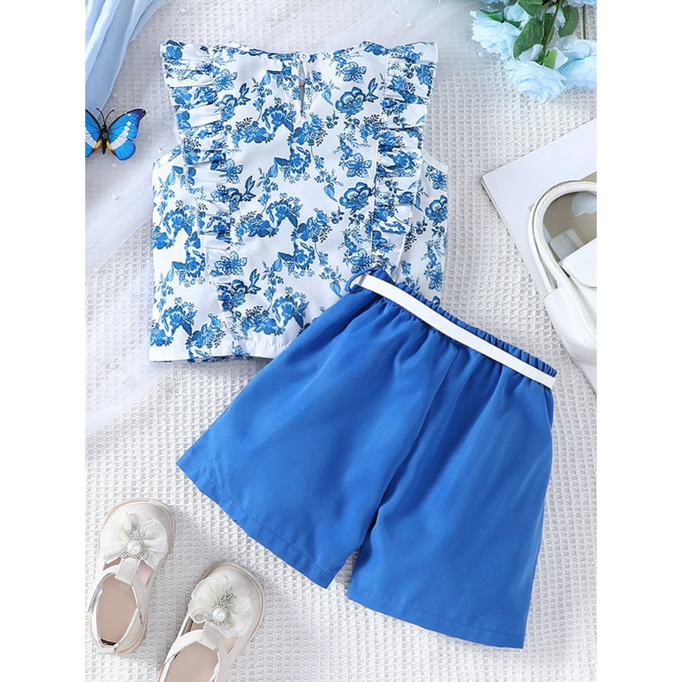 Floral Print Frill Sleeve Top& Belted Short Set