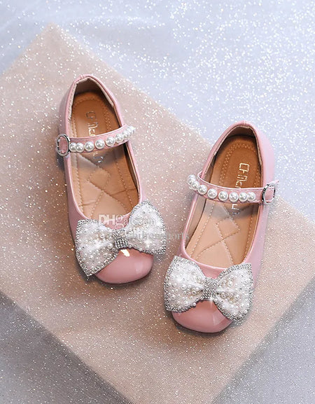 Sweet Bowknot Pearl Velcro Glossy Shoe
