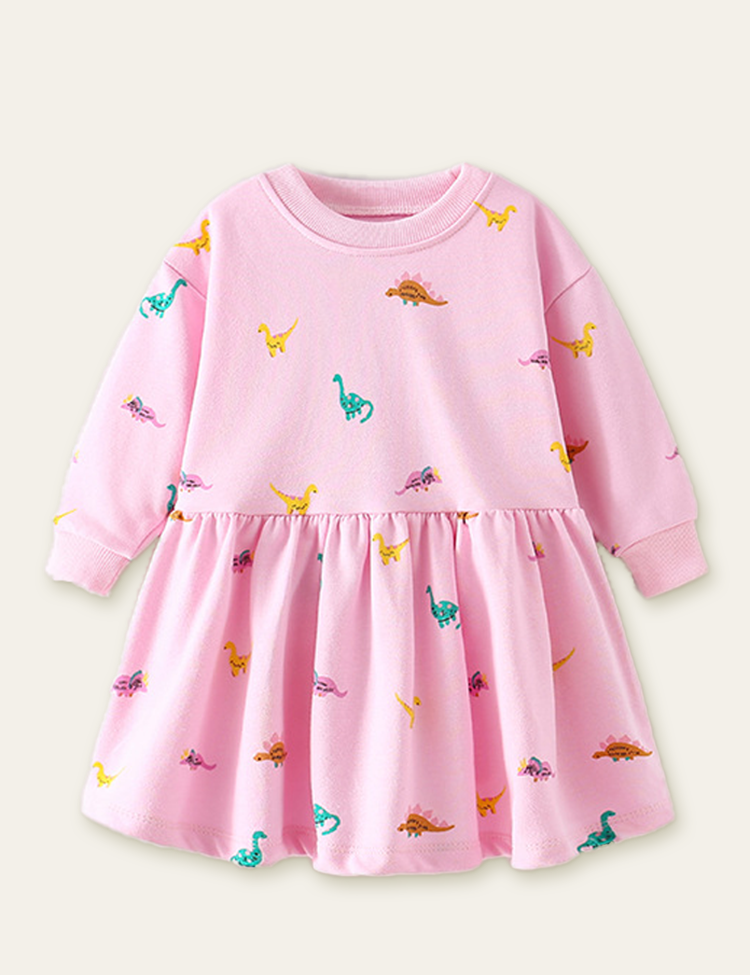 Toddler Girls' Dinosaur Printed Long-Sleeved Dress.