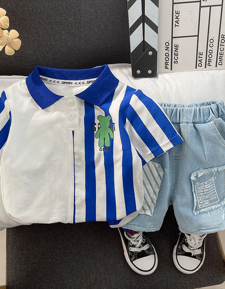 Croc Striped Tee and Patchy Denim Shorts Set