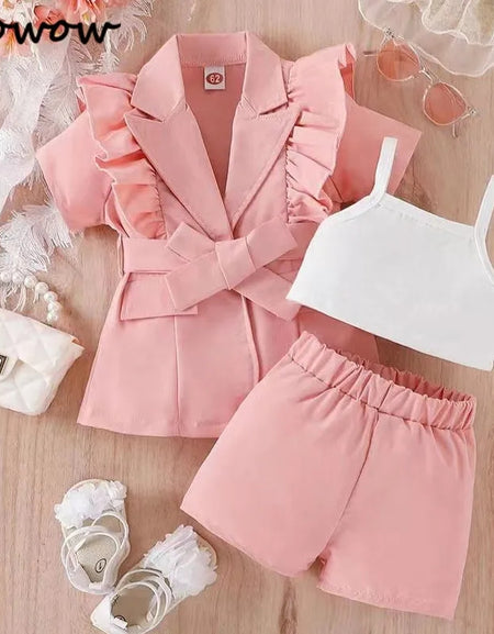 Ruffled Lapel Neck Blazer, Cami Top and Shorts Set