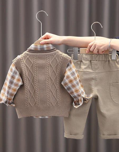 Charming Cable Knit Vest, Checkered Shirt & Pant Set