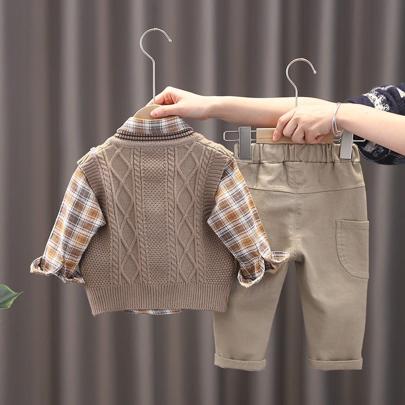 Charming Cable Knit Vest, Checkered Shirt & Pant Set