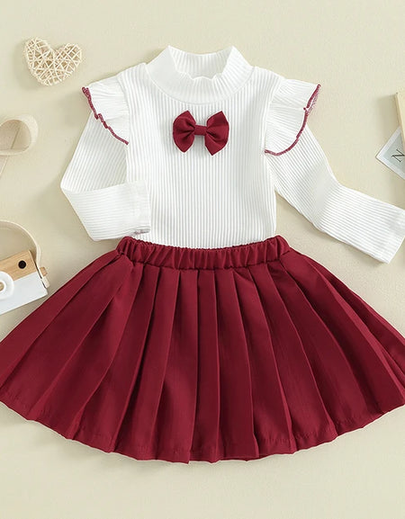 Girls Pleated Skater Skirt and Bow Detail Longsleeve Top