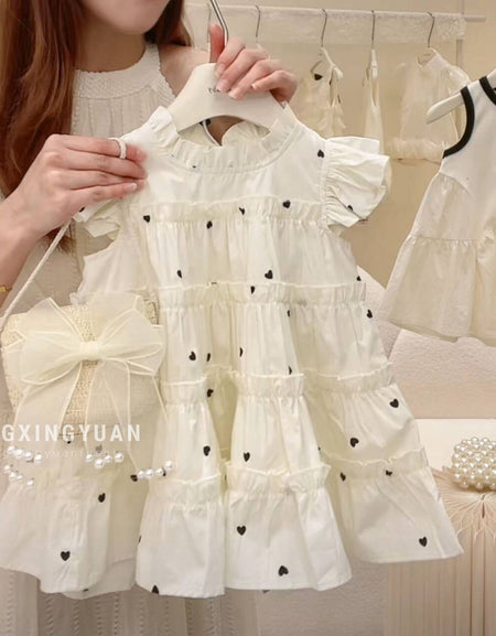 Frill Sleeve Heart Print Layered Dress