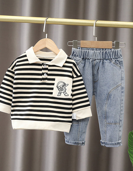 Stylish Striped Polo and Denim Pant Set