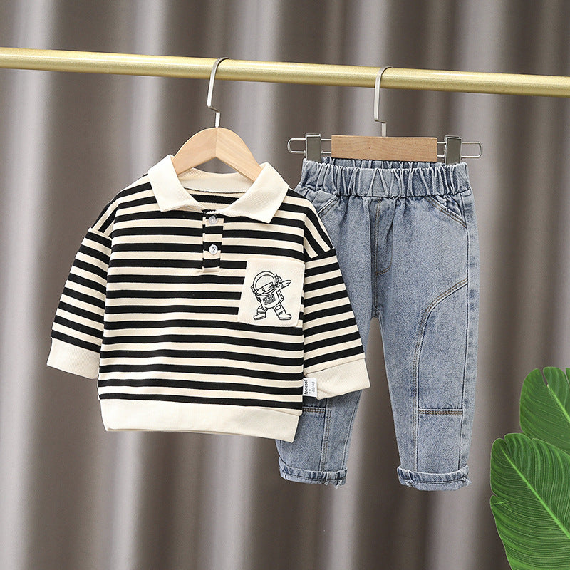 Stylish Striped Polo and Denim Pant Set