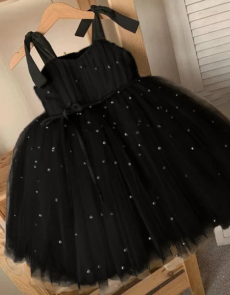 Elegant Pearl Studded Knot Sleeve Tulle Dress