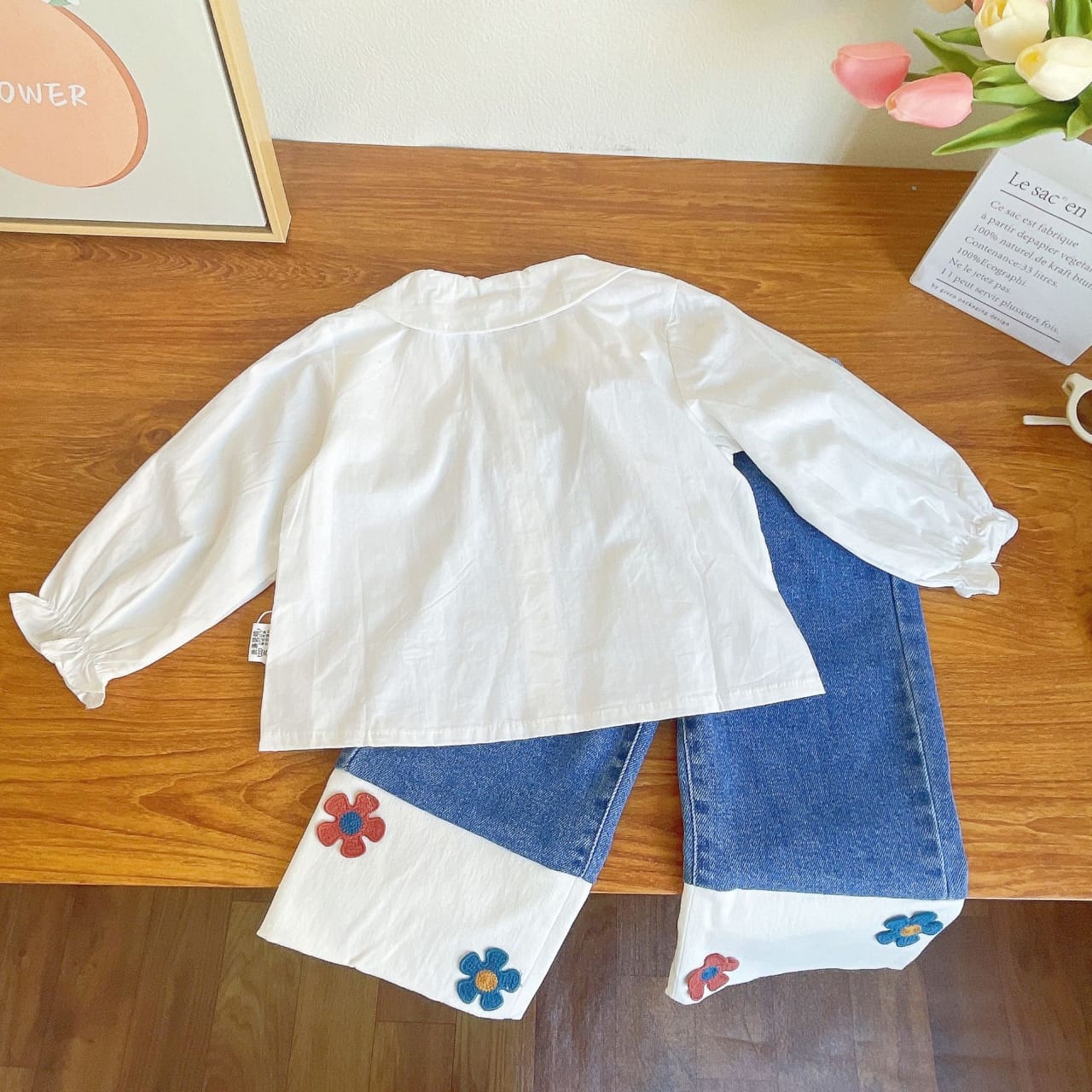 Fun Cape Blouse & Flower-Patch Denim Set