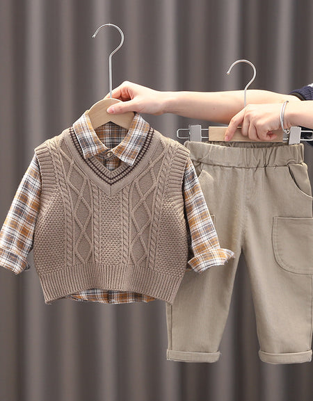 Charming Cable Knit Vest, Checkered Shirt & Pant Set