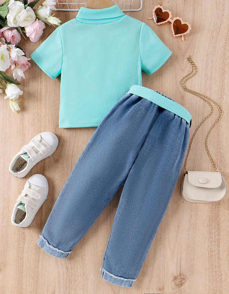 Girls' High Neck Top and Distressed Denim Pant Set