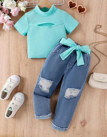 Girls' High Neck Top and Distressed Denim Pant Set