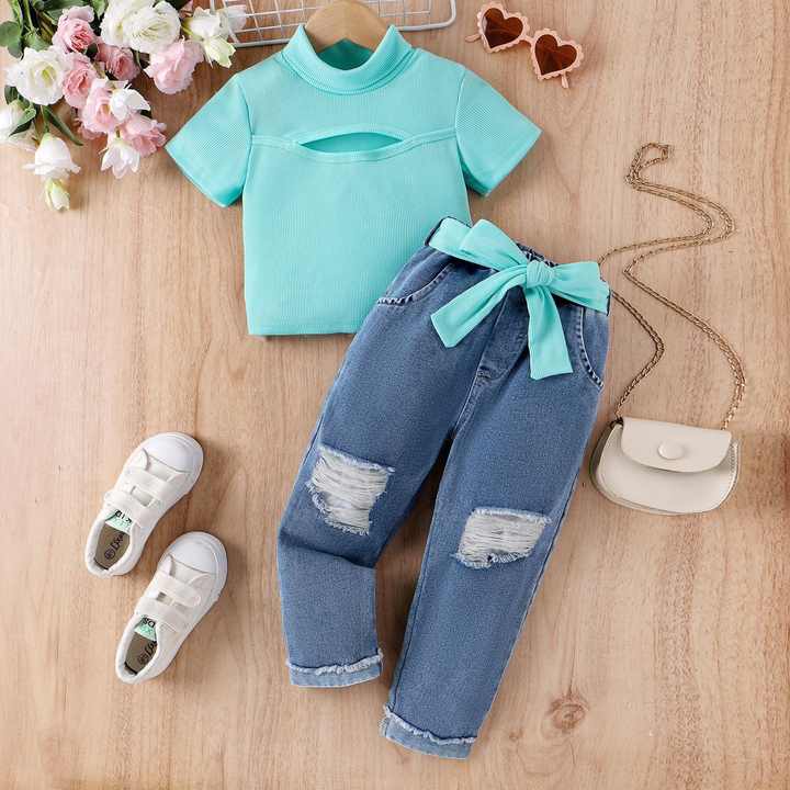 Girls' High Neck Top and Distressed Denim Pant Set