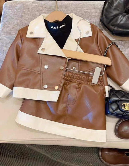 Luxury Leather Jacket and Skirt 2piece Set