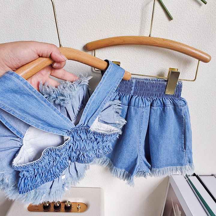 Denim Style Heart Shaped Sleeveless Top& Shorts Set